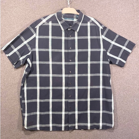 Perry Ellis Other - Perry Ellis Mens 2XLT Short Sleeve Button Down Shirt Navy Teal Plaid Cotton Tall